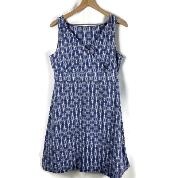 EDDIE BAUER Women's Sleeveless Ikat Print Faux Wrap Dress Blue White Size Large - Picture 1 of 12